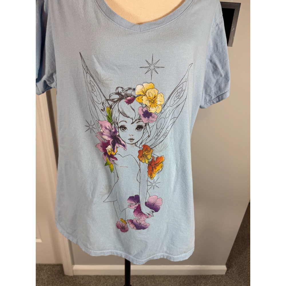 Disney Tinker Bell Floral Graphic V-Neck T-Shirt Blue Port & Company XXL